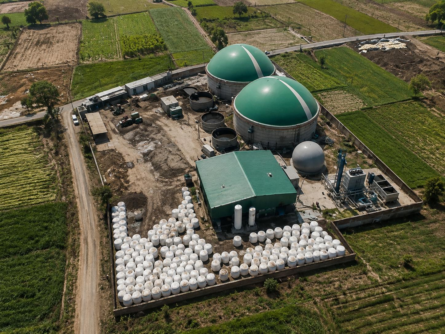 Bio-CNG plant — aerial view of the digester domes, silage bale storage yard, and processing facility