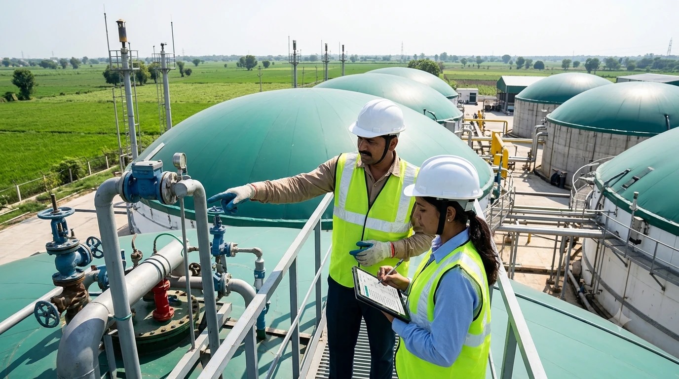 Bio-energy plant engineers inspecting digester valve infrastructure