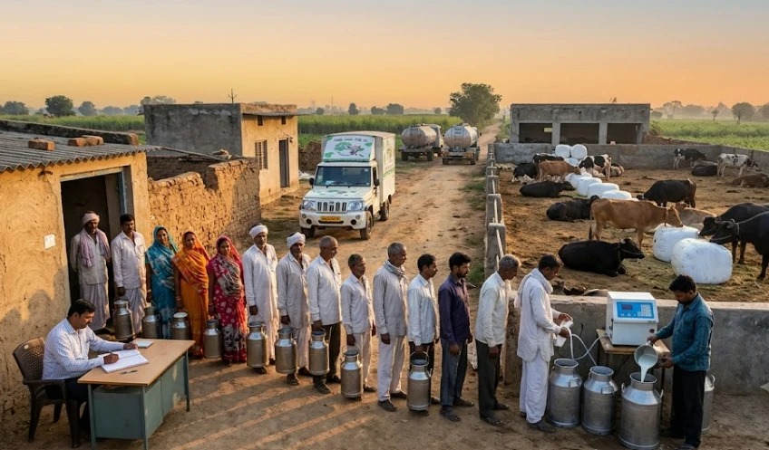 Dairy cooperative members lined up with milk cans at a collection point, tankers in the background
