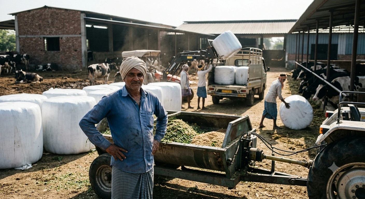 An independent farm owner standing beside his TMR feed setup with cattle and silage bales
