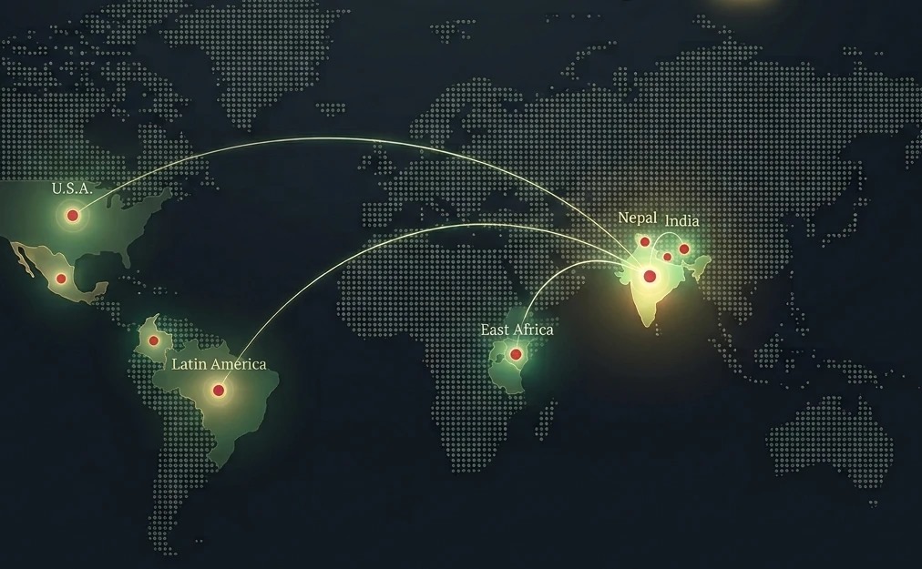 Map showing Veridia's presence across India, Nepal, East Africa, Latin America and the USA, with glowing connection lines to India