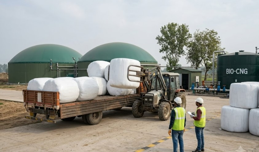 Workers unloading wrapped silage bales from a truck at a Bio-CNG plant