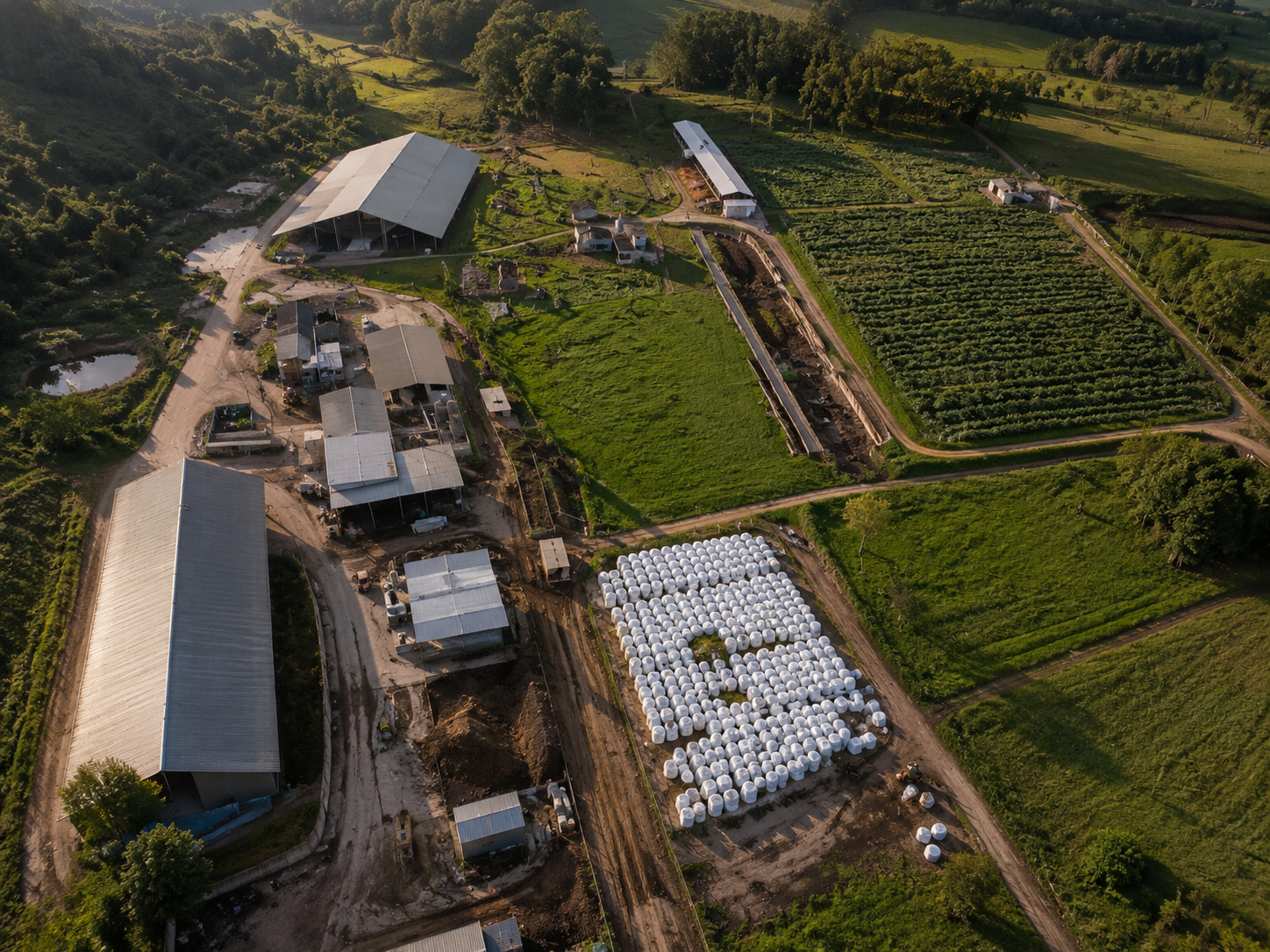 Veridia TMR Feed Centre — labeled process flow from silage bale storage through bale opening, shredding, TMR mixing, packaging and finished feed bags